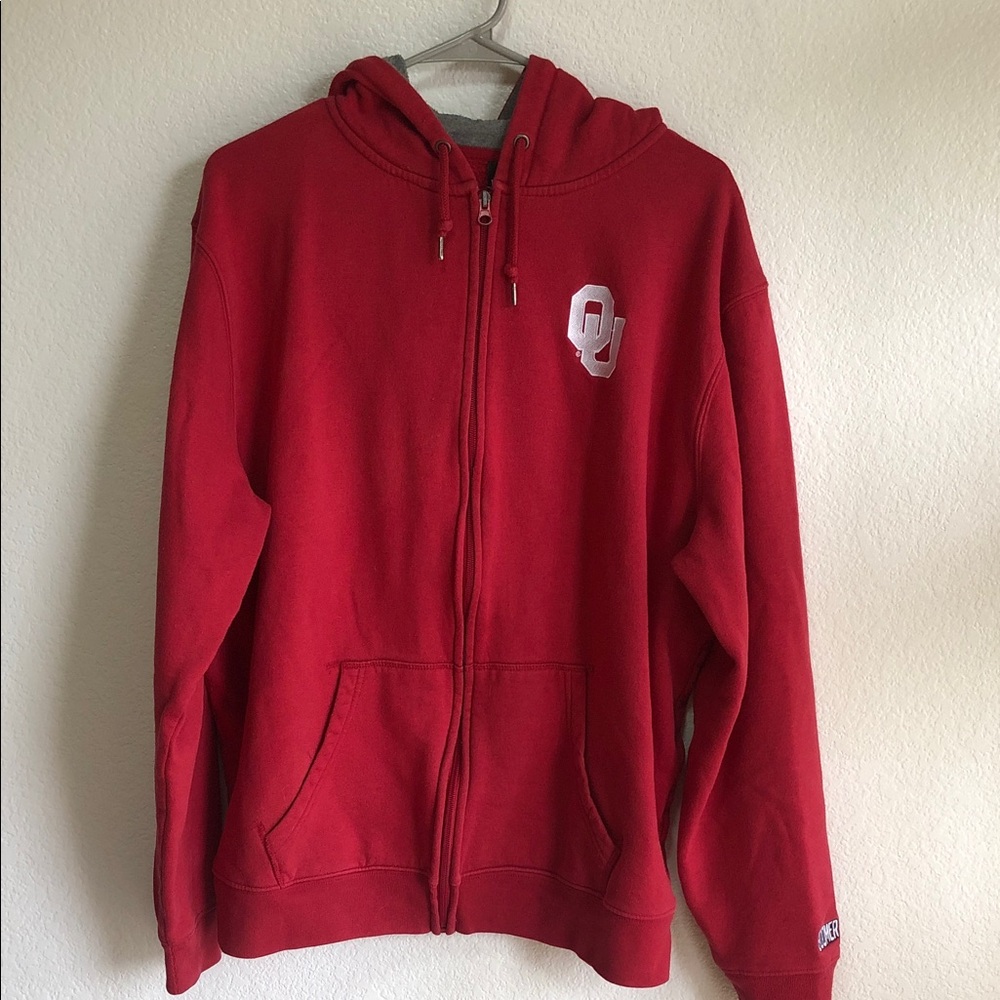 Oklahoma Boomer Sooner Red Zip-Up Hoodie Logo size XL